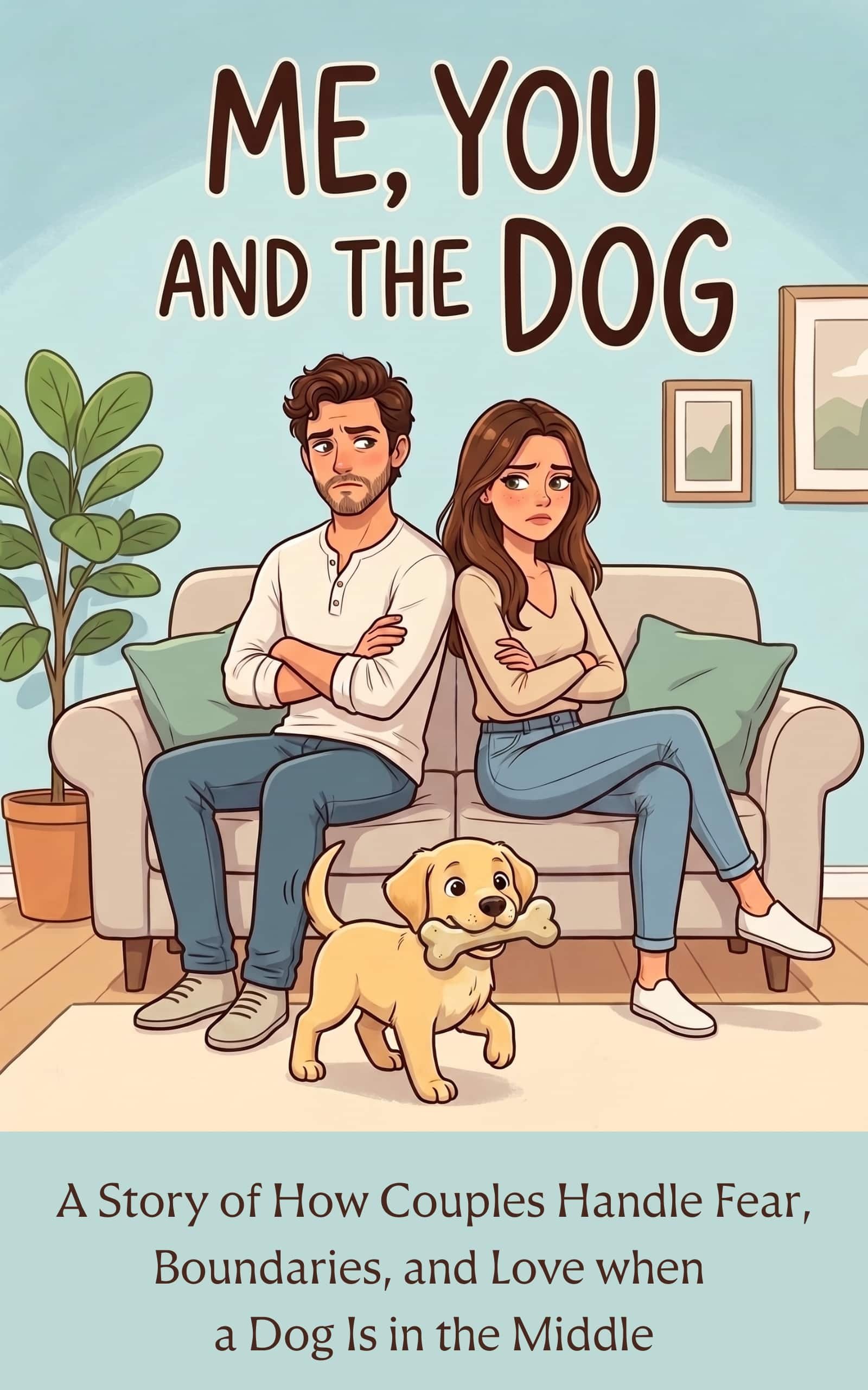 Book cover for Me, You and the Dog: an illustrated couple sitting back-to-back on a couch with a golden retriever puppy between them